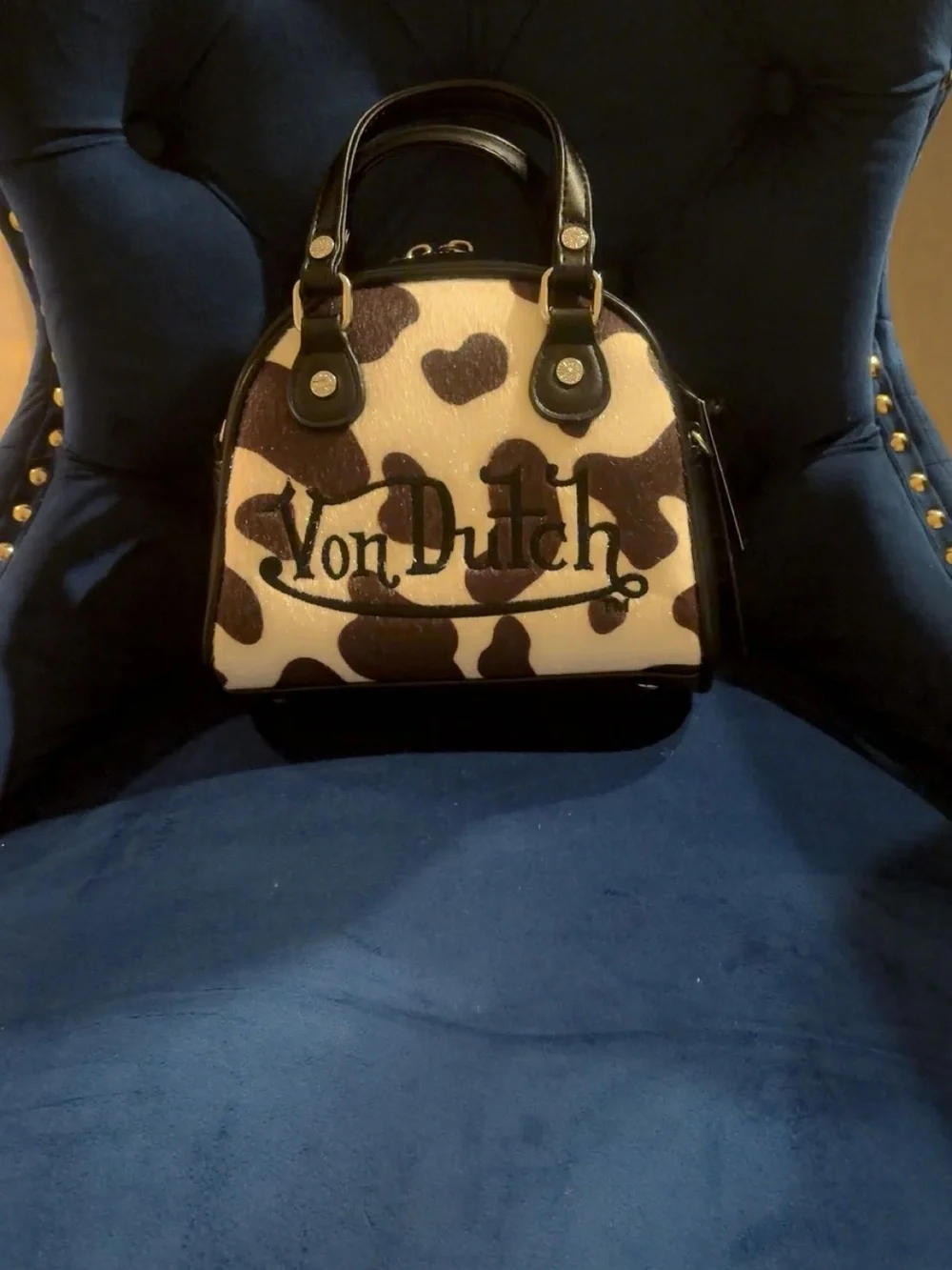 Von Dutch Black & Cream Cow-Print Dome Satchel